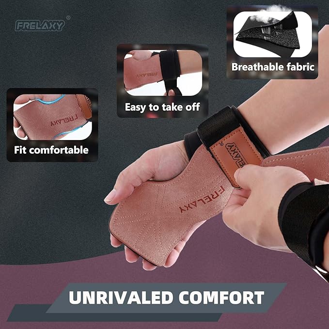 Frelaxy Lifting Wrist Straps Women and Men, Weight Lifting Grips with Cushion Wrist Loop, Double Layer Leather and Storage Pouch, Gym Workout Straps for Deadlift and Powerlifting