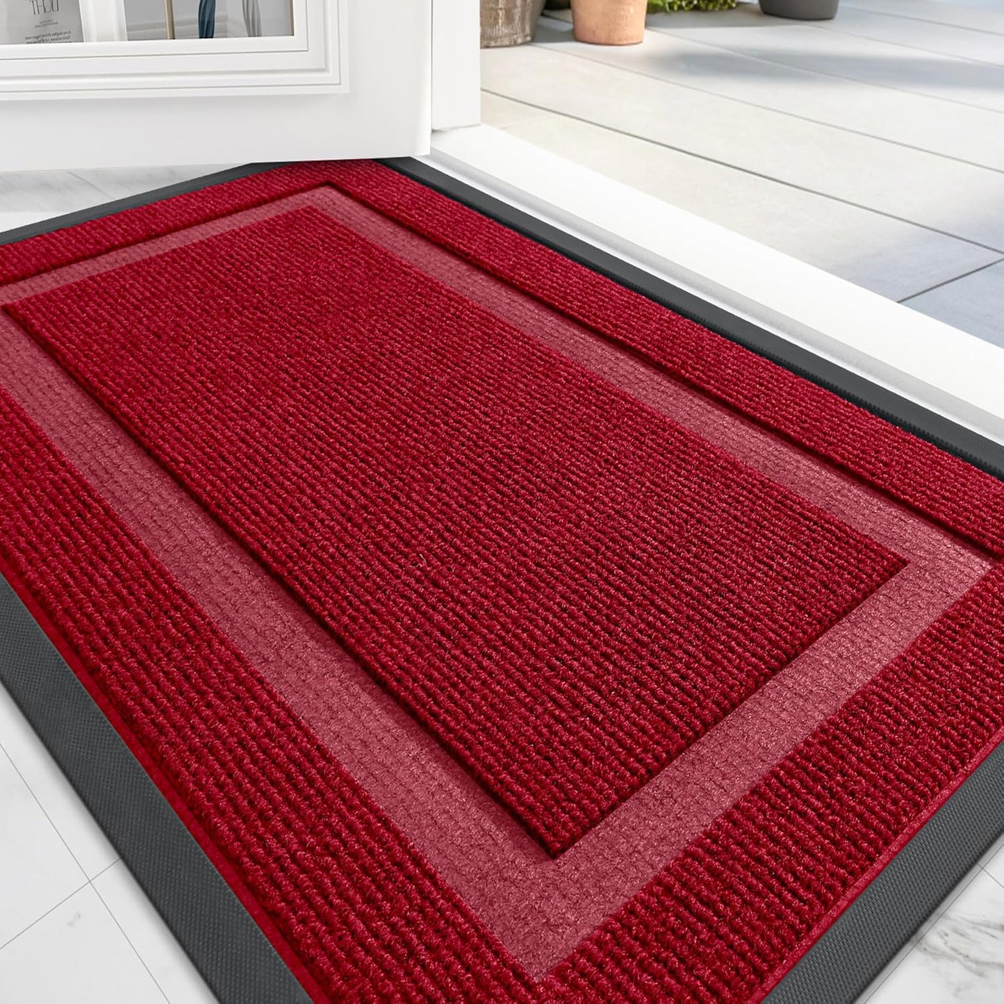 OLANLY Front Door Mat Indoor Outdoor Entrance, Waterproof All-Season, All-Weather Doormat, Sturdy Natural Rubber, Fade Resistant, Low Profile, Easy Clean Patio Porch Entryway Mat, 59x30, Wine Red