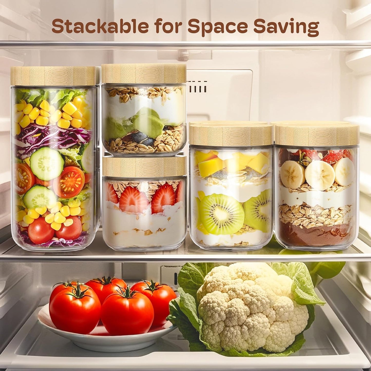 2 pack 10oz Overnight Oats Containers with Bamboo Lids, Glass Jars with Airtight Lids for Meal Prep, Wide Mouth Mason Salad Jars, Glass Food Storage Container for Yogurt Chia Snacks Spice Sugar