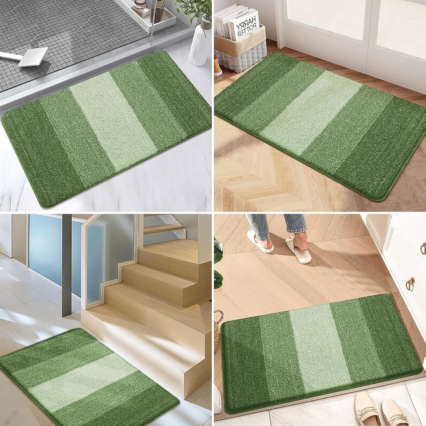 Kitinjoy Indoor Outdoor Door Mat, 36x24 Non-Slip Absorbent Dirt Trapper, Low-Profile Washable Inside Entrance Front Floor Mat, Sturdy Soft Entry Doormats for Entryway, Green
