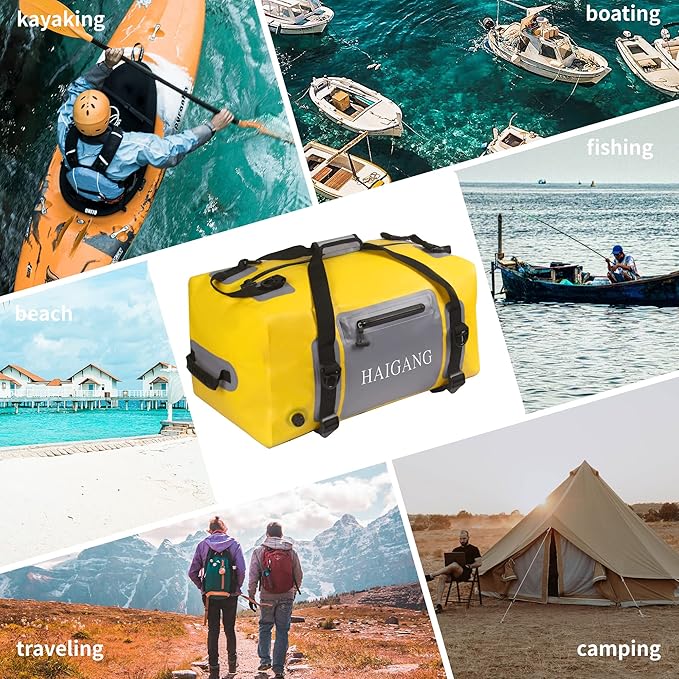 110L Waterproof Duffel Bag Heavy Duty Dry Bag Outdoors Large Storage Sack Zipper Marine Duffle Motorcycle Luggage,Strap Adjustable for Kayaking,Boating,Camping,Beach Rafting Fishing Yellow