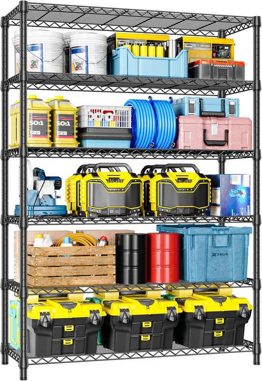 IZEUK 6-Tier Heavy Duty Metal Wire Shelving Unit, Adjustable Storage Rack Organizer for Garage, Kitchen, Office, Basement, Warehouse (Black, 17.7" D x 47.2" W x 82.7" H)
