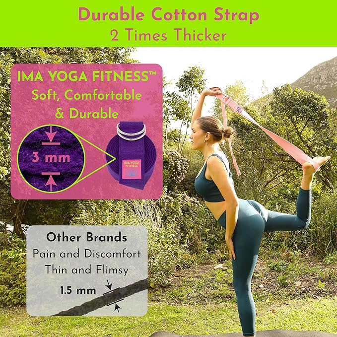 Adaptive Yoga Strap, Stretching Strap, 2 Inches Wide, 100% Naturally Soft Cotton, Steel D-Rings, Includes Natural Cotton Drawstring Storage Pouch and Instructional E-Book