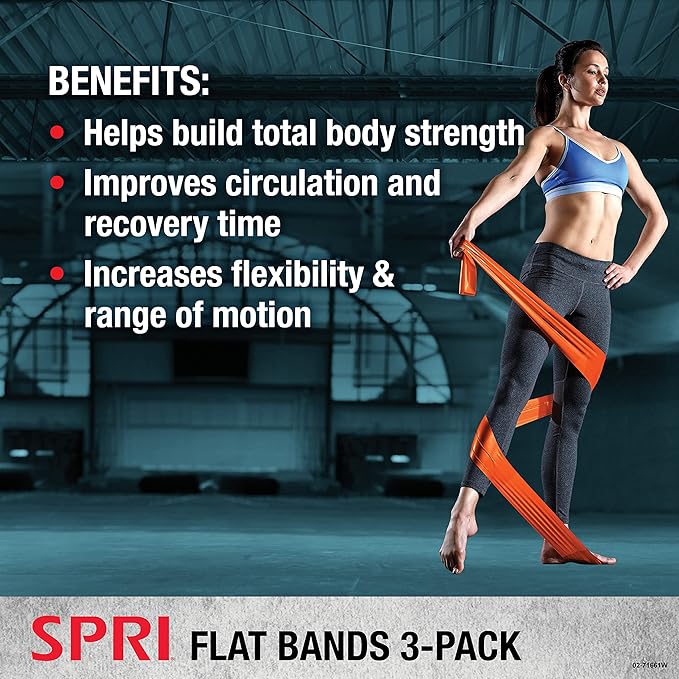 SPRI Flat Bands 3-Pack - Resistance Band Kit Set with 3 Levels of Resistance - Exercise Bands for Strength Training, Flexibility, & Body Workout - Versatile Fitness Tool - Light, Medium, and Heavy