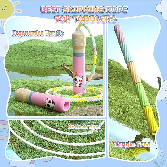 JGM Beaded Jump Rope for Kids – Adjustable Toddler Skipping Rope with Cartoon WOODEN Handle for Outdoor Activity Party Favors School Games 7.7 Feet