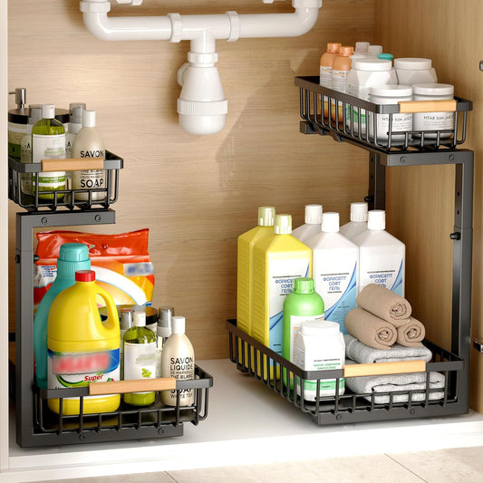 Under Sink Organizer, 2 Pack Under Sink Organizers and Storage, 2-Tier Pull Out Under Cabinet Organizer Storage Shelf, Metal Frame, Height Adjustable Rack for Bathroom Kitchen Pantry