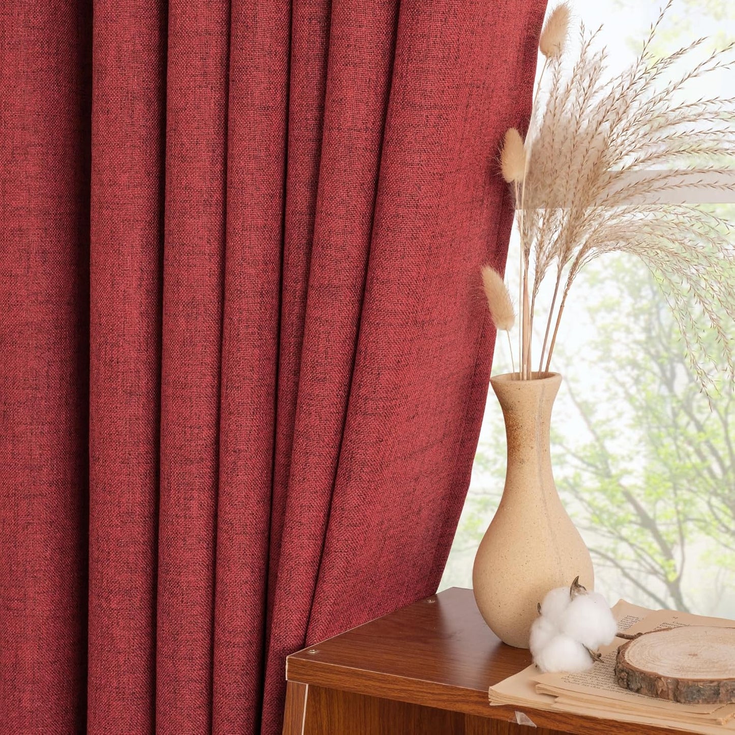 YoungsTex Red Linen Curtains 63 Inch Length 2 Panels for Living Room - Christmas Semi Sheer Window Drapes with Back Tab Rod Pocket Light Filtering for Bedroom, 52 X 63 Inch