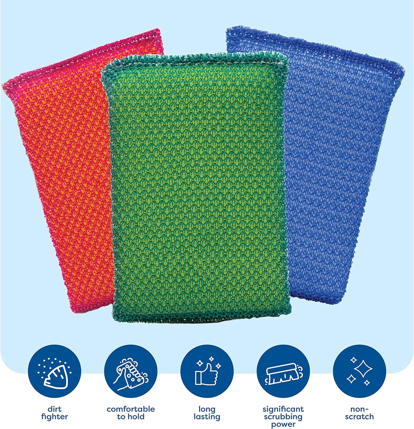 SCRUBIT Multi-Purpose Dish Scrub Sponge, Non Scratch Scouring Pads, Cleaning Sponges for pots & Dishes - Pot Scrubber Sponges for Kitchen & Bathroom - 12 Pack Dish Sponge (Blue,Red,Green)