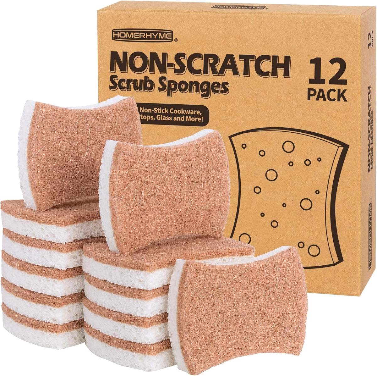 HOMERHYME Natural Dish Sponge 12 Pack, Non-Scratch Scrub Kitchen Sponge, Eco Multipurpose, Odor-Less Dual-Sided for Dish Washing & Household Cleaning