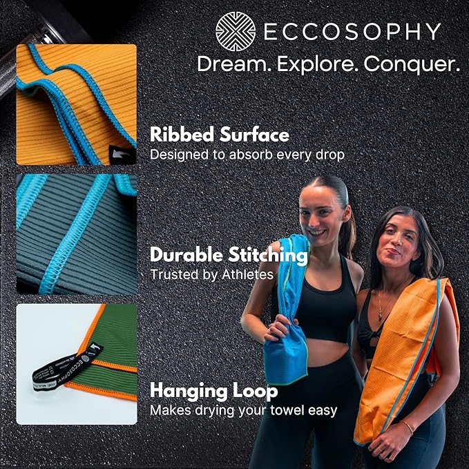 ECCOSOPHY Microfiber Beach Towel – Quick Dry Gym Towel, Highly Absorbent with Ribbed Texture, Lightweight – Ideal for Travel, Pool, Yoga, Fitness & Outdoor Adventures – 60x30 Black