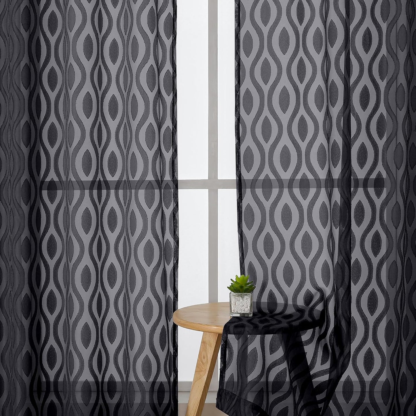 Aiyufeng Sheer Curtains 54 Inch Length 2 Panels, Soft Lightweight Clip Jacquard Textured Black Curtains for Bedroom Living Room, Modern Wavy Line Solid Voile Sheer Drapes, 40" Wx54 L Inches