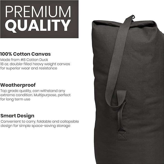 WHITEDUCK Top Load Canvas Folding Duffel Bag, Water Resistant Army Style Shoulder Bag for Men and Women- Gym, Sports, Travel, Hiking, Camping, Backpacking (Large 25" x 42",Black)