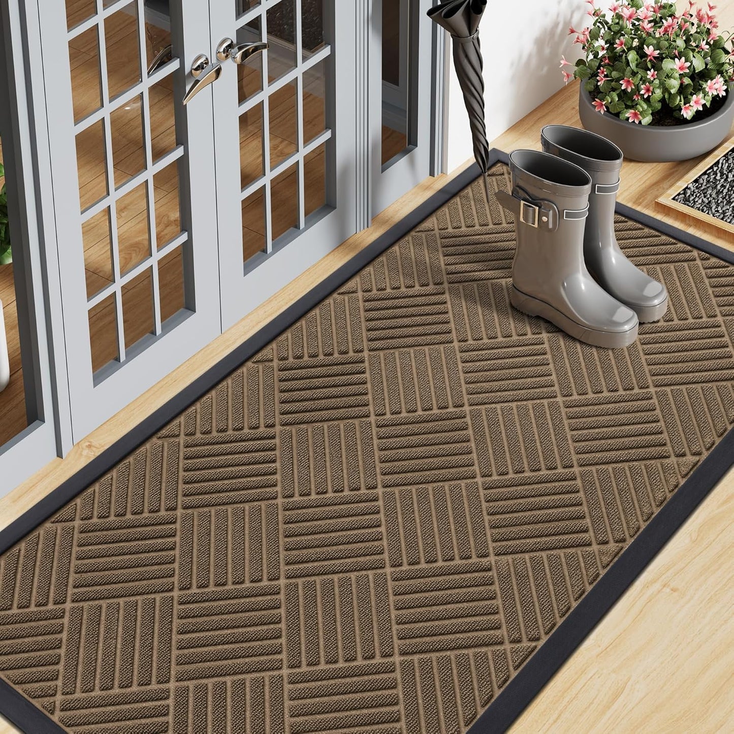 Smiry Front Door Mat Outside Entrance, Heavy Duty Outdoor Indoor Natural Rubber Doormat, Non Slip, Trap Dirt and Moisture, Easy Clean, Low Profile Patio Porch Entryway Mat, 59x20, Brown
