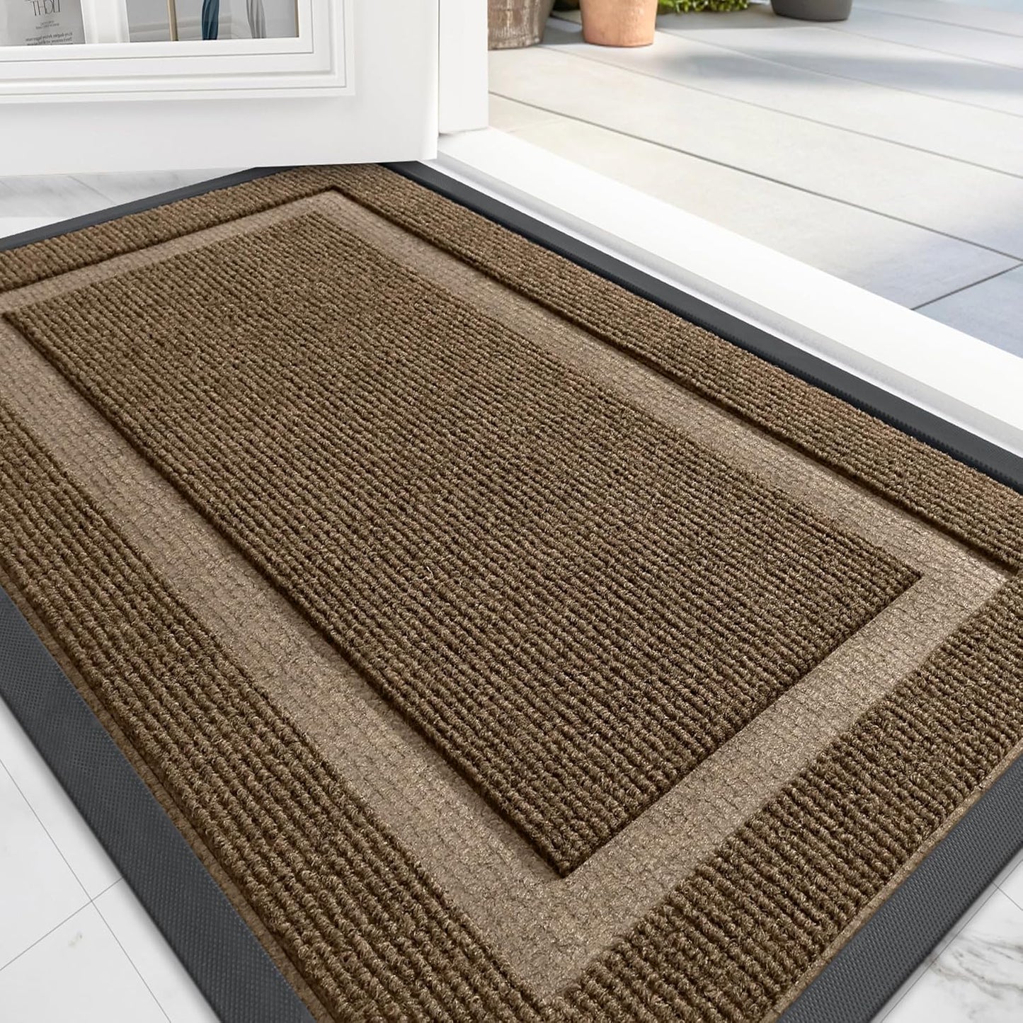 OLANLY Front Door Mat Indoor Outdoor Entrance, Waterproof All-Season, All-Weather Doormat, Sturdy Natural Rubber, Fade Resistant, Low Profile, Easy Clean Patio Porch Entryway Mat, 36x24, Brown