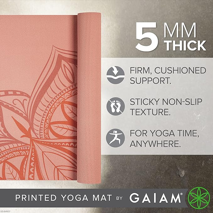Gaiam Yoga Mat - Premium 5mm Print Thick Non Slip Exercise & Fitness Mat for All Types of Yoga, Pilates & Floor Workouts (68" x 24" x 5mm)