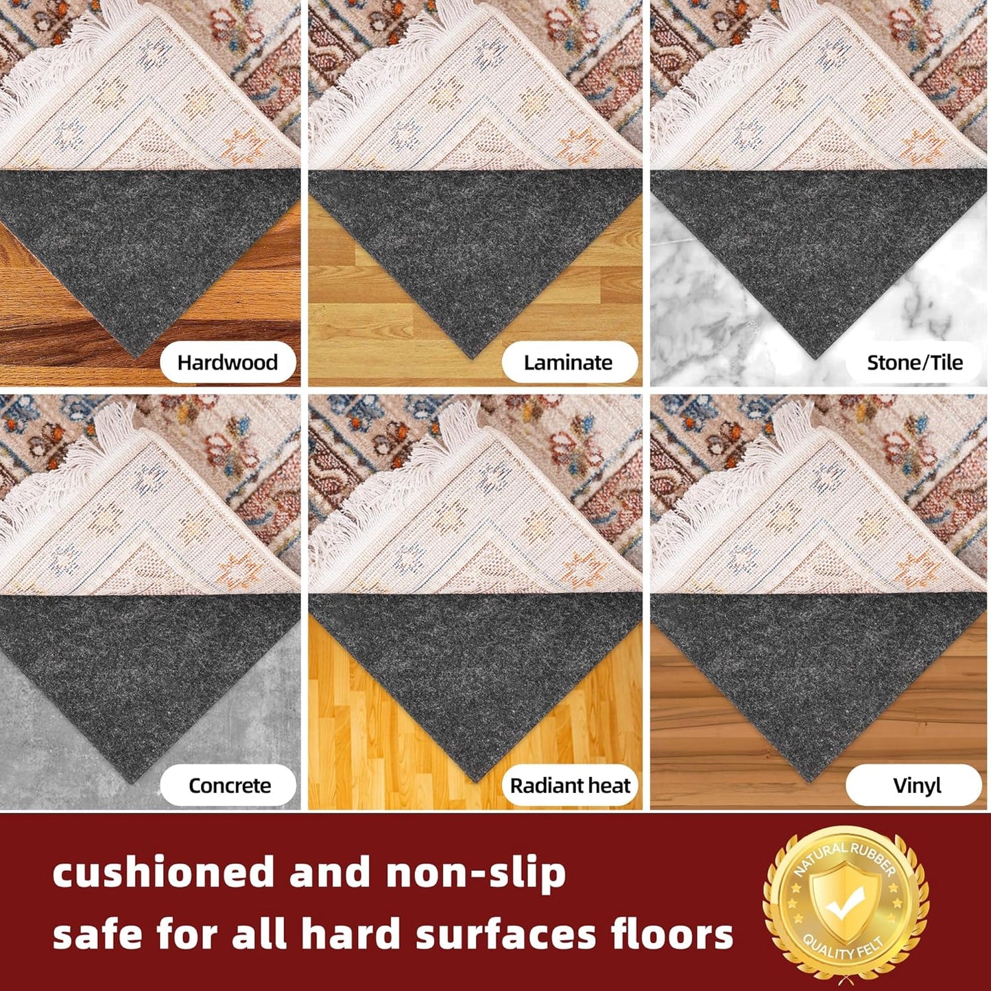 BAGAIL Felt and Natural Rubber Backing Rug Pads 1/4” Thick, 3 x 5 Ft Non Slip Carpet Gripper Keep Rugs in Place, Under Area Rug Protective Cushioned Pads, Carpet Runners, Hardwood Floors Protection