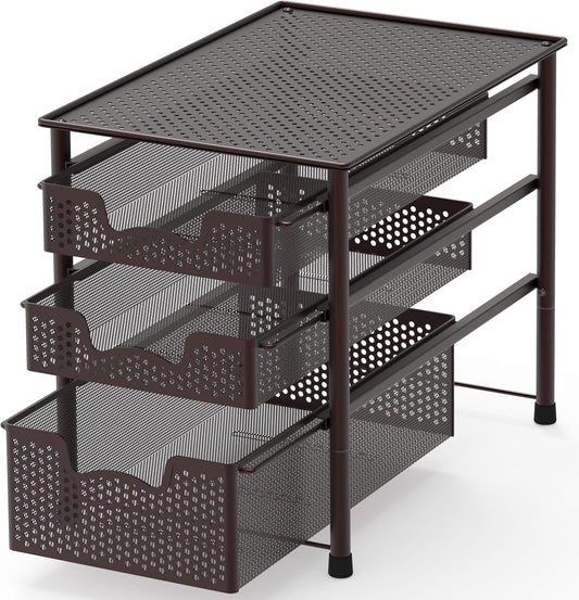 Simple Houseware Stackable 3 Tier Sliding Basket Organizer Drawer, Bronze