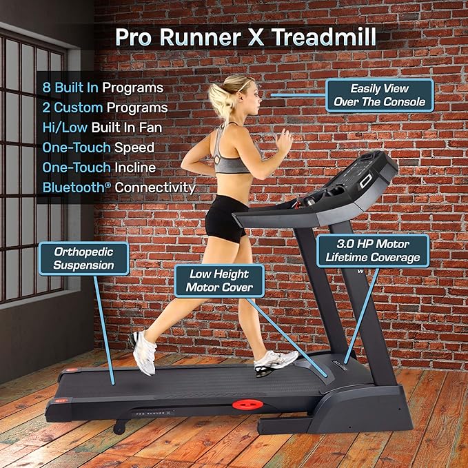 Pro Runner X Treadmill - Heavy Duty Home Construction - FreeSync FTMS Bluetooth Connectivity - Low 6.5" Step-up Height - Foldable Compact Storage - Orthopedic Belt - 350 lb Capacity