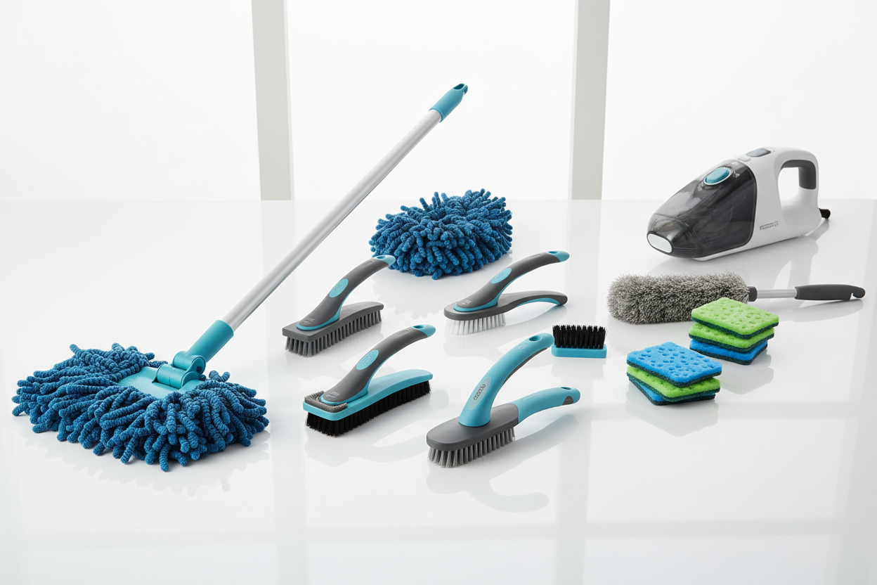 Specialized Tools: Innovative brushes, mops, and cleaning accessories to make your chores easier. (make it real photo)